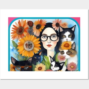 My Cat Family (lady wearing eyeglasses with 5 cats) Posters and Art